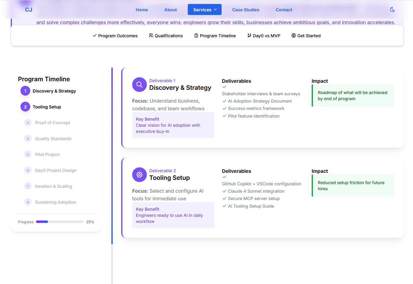 Engineering services page with sticky navigation
